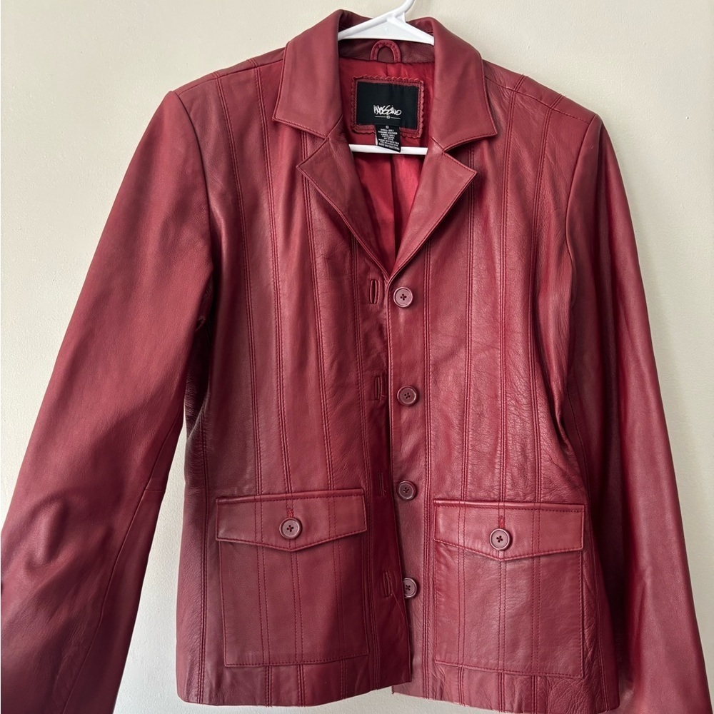 Y2K Small Red Burgundy Minimalist Preppy Leather Midi Boho Jacket Small Medium